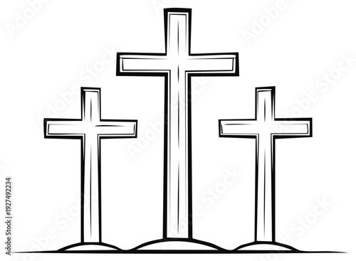 Three wooden crosses silhouette standing on ground, Christian religious symbol illustration