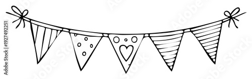 Hand drawn doodle style bunting flags with bow decorations across the top