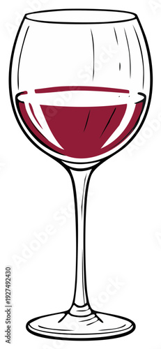 Illustration of a Wine Glass Filled with Red Wine, a Simple Drawing with Black Outlines