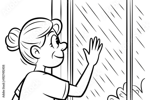 An elderly woman looking out the window on a rainy day