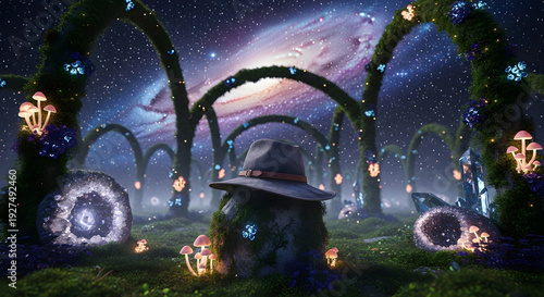 Wallpaper Mural A dark felt hat rests on a boulder among bioluminescent mushrooms and crystal geodes under a vibrant starry spiral galaxy Torontodigital.ca