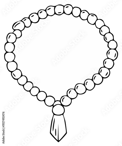 A simple hand drawn illustration of prayer beads with a tassel pendant