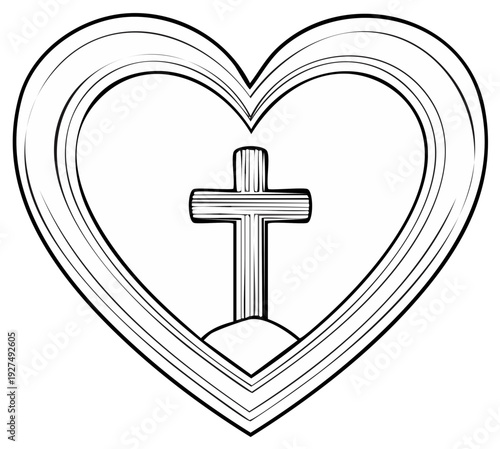 Christian Cross Centered Within a Stylized Outline Heart Shape Symbol