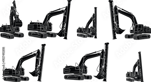 Crawler excavator with hydraulic pile driver attachment silhouettes set, heavy construction machinery for foundation work, drilling and industrial engineering vector illustration collection.