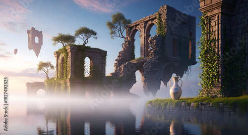 Wallpaper Mural Levitating segments of an ancient stone castle and arches float above a thick fog over water next to a white ceramic vase Torontodigital.ca