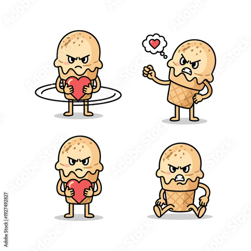 Angry cookie cartoon characters with heart in various poses and emotions