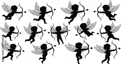 Cupid angel silhouettes set with bow and arrow, flying cherub collection for Valentine love, romantic holiday decoration and mythology vector illustration