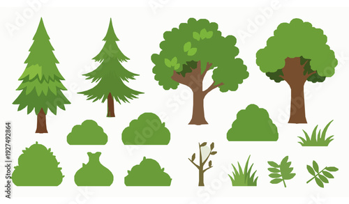 Cartoon tree and bush vector set pine oak fir elm ash flat game assets