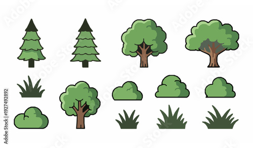 Minimal cartoon forest tree icons pine oak elm ash bush vector set