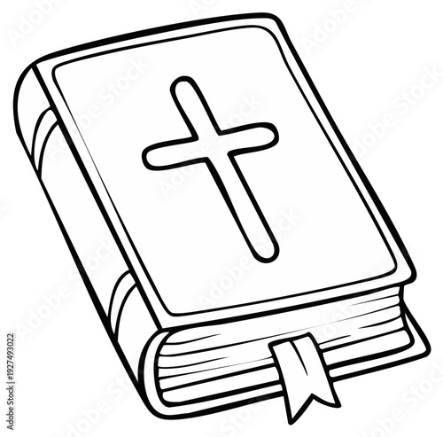 Illustrated book with religious cross symbol, Christianity concept