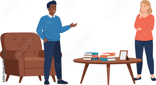 Couple having serious conversation in living room, man explaining while woman listening near sofa and coffee table with books, relationship discussion vector illustration.