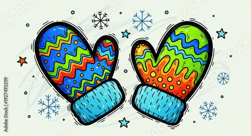 Colorful Childrens Illustration of Winter Mittens.