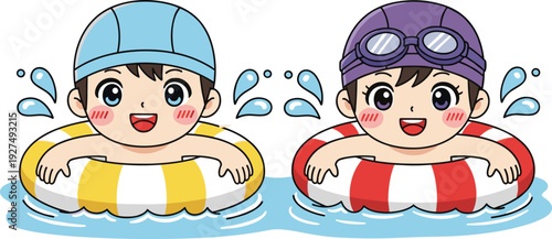 Cute kids swimming with inflatable rings in pool, happy boy and girl enjoying summer water activity, cartoon vector illustration isolated on white background.