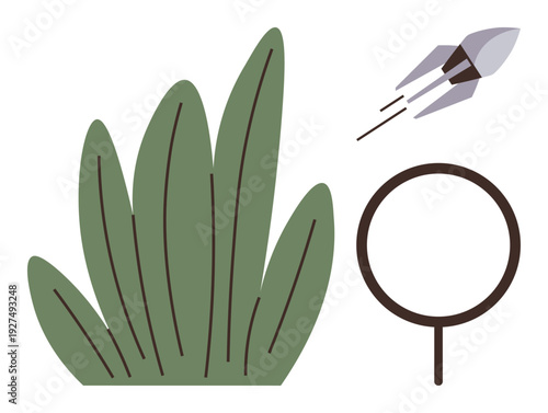 Space exploration, nature, growth, science, technology, innovation. Stylized green leaves, minimalist circle and flying rocket. Nature and innovation with modern visual elements