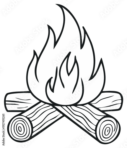 Simple black and white illustration of a campfire with crossed logs and flames
