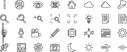 Interface Thin Line Icon Set Featuring Search Home Cloud Camera Settings Calendar Weather Multimedia Document Video Lightbulb Pencil Microphone