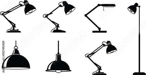 Desk and floor lamp silhouette collection isolated on white background, modern and vintage lighting fixtures vector set for interior design, office workspace and home decor.