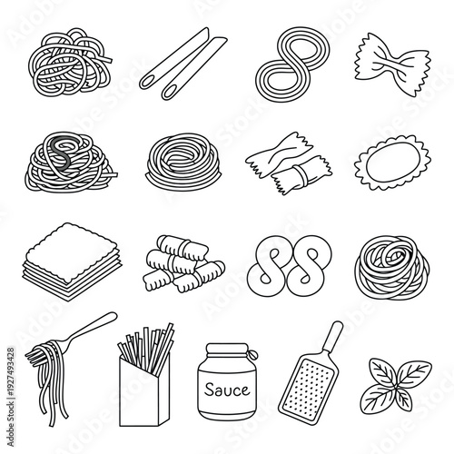 hand drawn set of various pasta types and italian food icons in black and white doodle style, including spaghetti lasagna ravioli sauce and grater for culinary concept vector illustration.