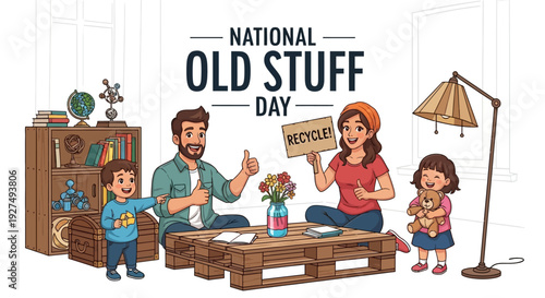 Family celebrates National Old Stuff Day by recycling, reusing, and repurposing household items together.