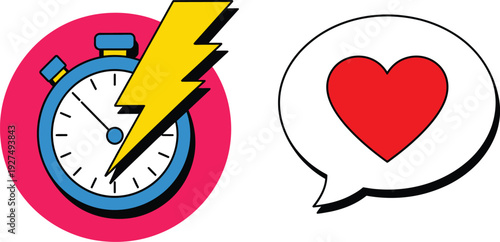 Stopwatch with lightning bolt and speech bubble with heart