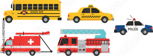 Emergency and Public Service Vehicles Collection Including School Bus, Taxi, Police Car and Fire Truck Vector Illustration Set Isolated on White Background
