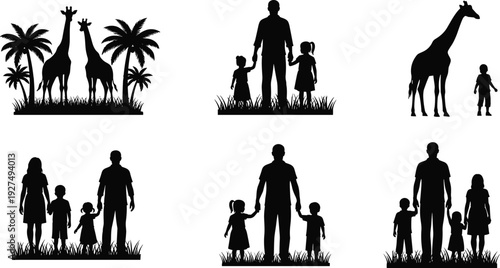 Family and giraffe silhouette set with parents and children standing on grass, black vector illustration collection for parenting concept, wildlife scene and outdoor lifestyle design.
