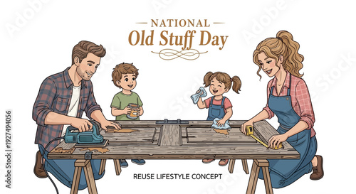 Family reuses and repurposes old items on National Old Stuff Day in a DIY project at home.