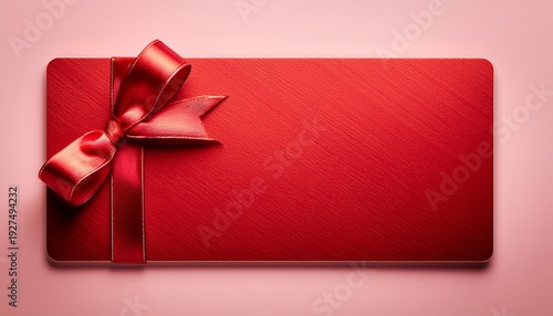 Red Gift Card With Ribbon And Bow Displayed Flat