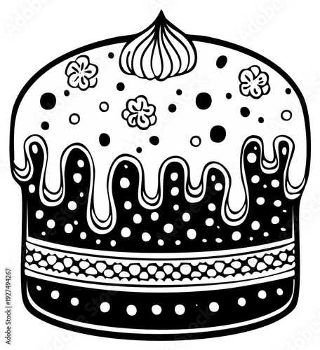 Black and white illustration of decorated cake with frosting, flowers, and dots for festive design elements.