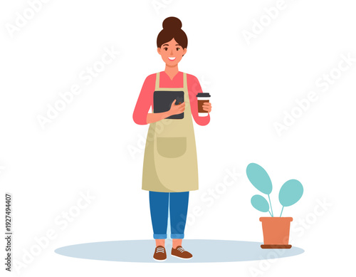 Flat vector illustration of a confident girl small business owner wearing apron over casual outfit