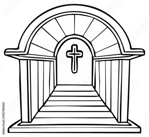 Architectural Archway with Christian Cross Silhouette and Paved Pathway