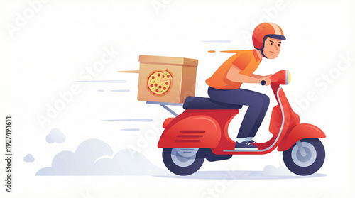 Modern flat style delivery boy riding red scooter with pizza box. Fast shipping and online food delivery concept isolated on clean background. Perfect for courier services, logistics companies, mobile
