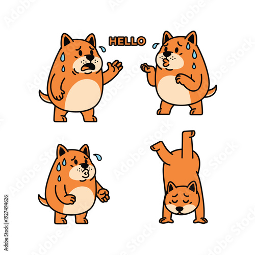 Cartoon Shiba Inu dog showing emotions and exercising in various poses on white background