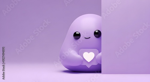 Minimalist purple mascot peeking behind a screen holding a heart notification. Digital love and social media concept. Simple round 3D character with a heart bubble