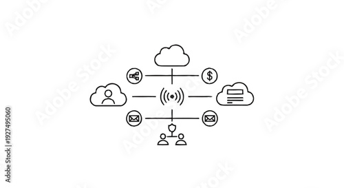 Cloud Computing Network Diagram with Icons Representing Services.