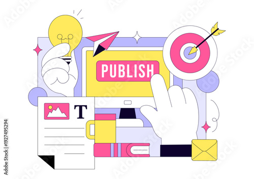 Digital Publishing Vector Illustration Featuring Blog Content Marketing, Online Publish, Creative Writing For Social Media and Webpage Organization