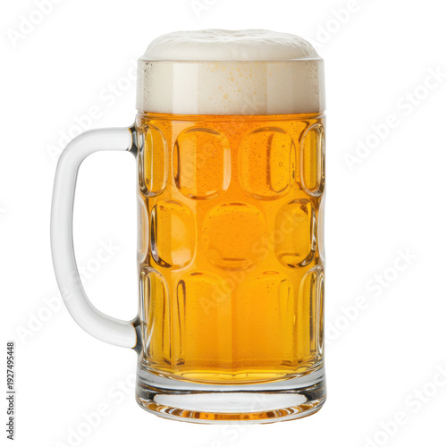 Beer golden in clear glass stein with frothy head isolated on white background