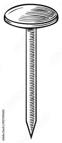 Drawing of a single thumbtack with a hatched texture on its shaft and head