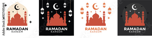 Ramadan Kareem Square Poster Vector Set Featuring Mosque Silhouettes, Crescent Moon, Hanging Lanterns, and Modern Islamic Night Theme Designs