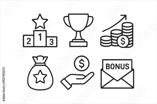 Line art icons representing success achievement finance and rewards are displayed