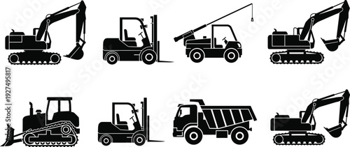 Professional construction worker silhouettes set with builder in tool belt excavators and manual laborers working on industrial building site