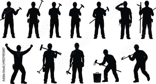 Collection of professional construction worker silhouettes featuring builders with hammers manual tools and handymen in various poses for industrial work
