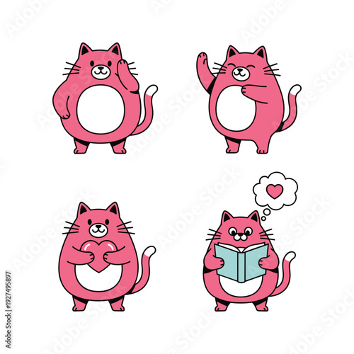 Set of cute cartoon pink cats showing emotions and reading with copy space