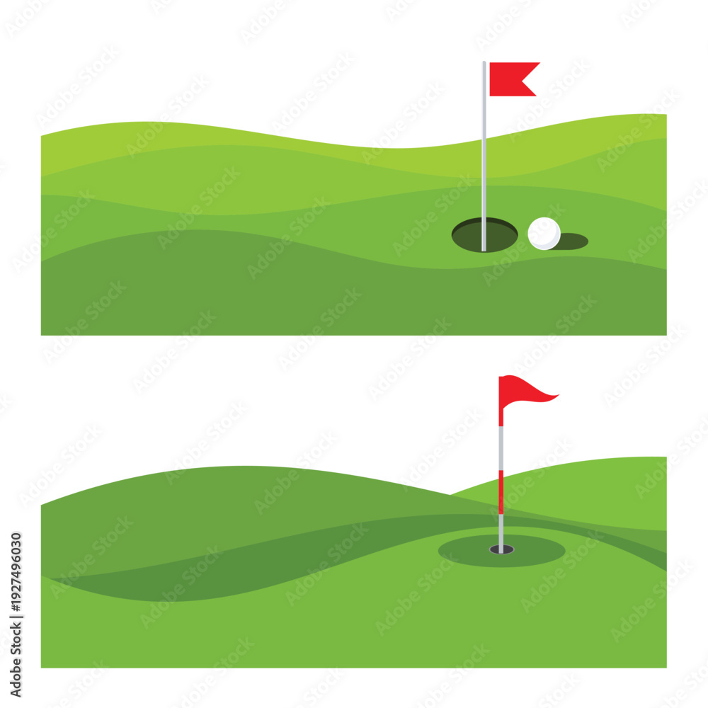 Obraz premium Set of Two Horizontal Golf Course Banners with Green Hills and Red Flag