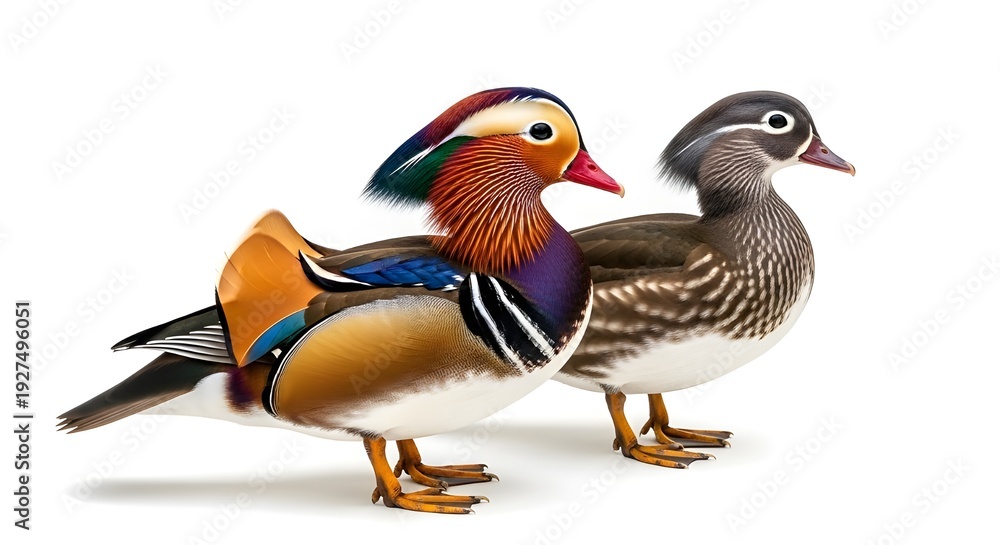 Fototapeta premium Elegant Mandarin Duck Pair Standing Together Isolated on White Background