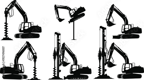 Collection of heavy construction excavator silhouettes featuring hydraulic drilling equipment and earth moving machinery for industrial foundation building site work