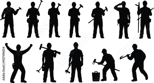 Collection of professional construction worker silhouettes featuring builders with hammers manual tools and handymen in various poses for industrial work