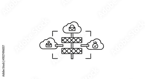 Cloud computing network diagram with security and user icons.