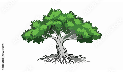 Hand Drawn Green Tree with Detailed Roots Organic Nature Vector Illustration on White Background