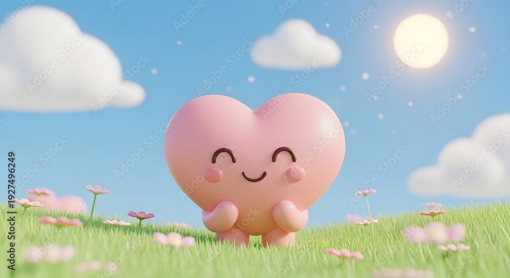Naklejka premium Smiling pink heart character with legs standing in a green flower field. Happiness and summer love concept. Heart mascot enjoying a sunny day on a grassy hill with clouds.